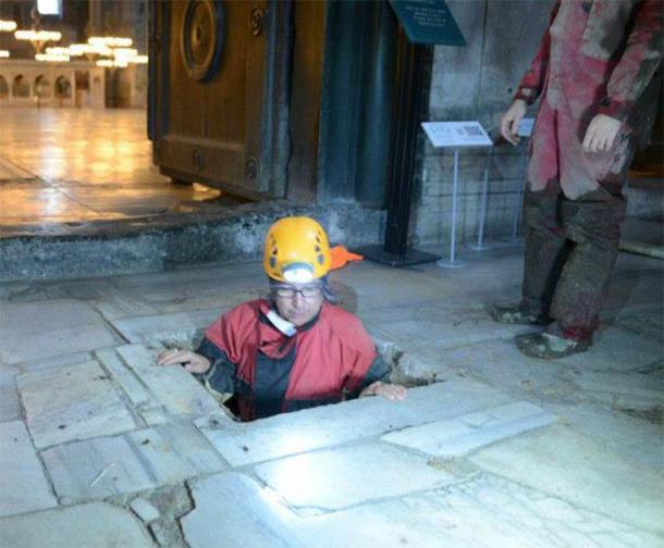 An archaeologist descending below the main floor of Hagia Sophia to the subterranean realms below. (Beneath The Hagia Sophia)