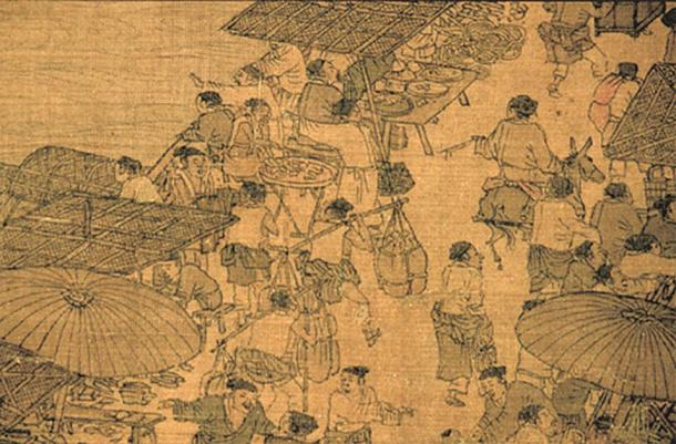 Chinese shops and stalls with parasols and thatched roofs, lined against the riverfront, close-up detail from a long handscroll painting by Zhang Zeduan (1085–1145). (Public Domain)