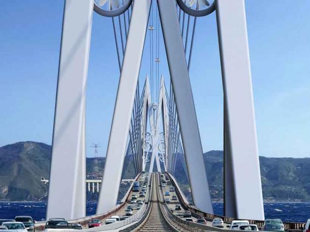 Inspired by the mythological sea creatures Scylla and Charybdis, six turbines on each tower would reduce the carbon footprint of the bridge features to zero. (Courtesy of Saverio Adriano Marchisciana)