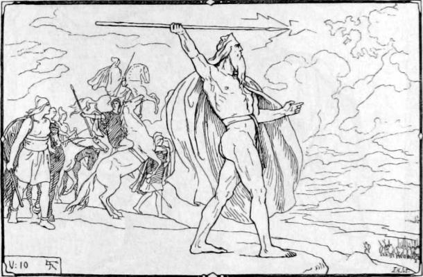 Odin throws a spear at the Vanir host in the Norse Æsir-Vanir war of gods. (Lorenz Frølich / Public domain)