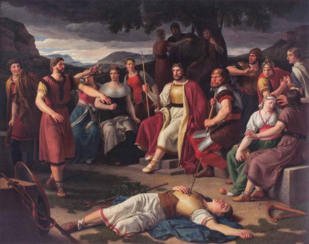 The AEsir Norse gods gathered around the dead body of Baldr. Höd, Baldr’s blind brother, is standing on the left, stretching his arms out. On the very left, Loki tries to conceal his smile. Odin is sitting in the middle of the Æsir. Thor is on his left. (Christoffer Wilhelm Eckersberg / Public domain)
