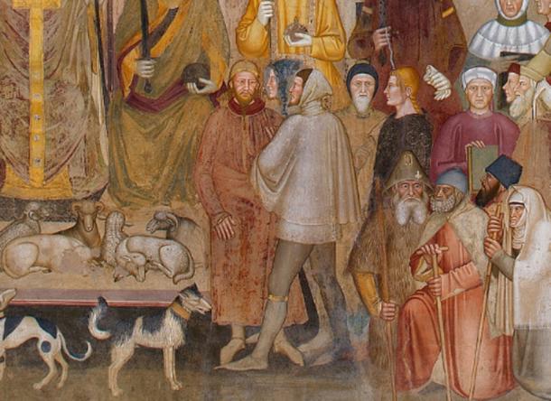 Detail of Andrea di Bonaiuto's fresco 'The Way of Salvation/The Church Militant and the Church Triumphant', c. 1365–1368. The figures at the center are identified by Jacques Paviot as an English knight of the Garter talking to a Mongol. (Public Domain)