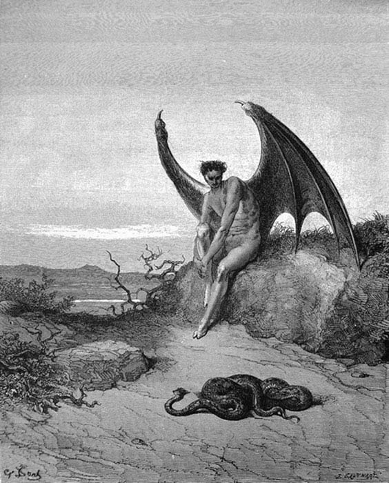 Illustration to Paradise Lost"... he [Satan] held on /His midnight search, where soonest he might finde /The Serpent: him fast sleeping soon he found ..." by Gustave Doré (Public Domain)
