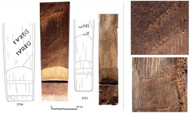 Evidence of brands and signatures on the Reim’s Roman wine barrels. (J.-J. Bigot (left) ; F. Moiret (right) / Inrap)