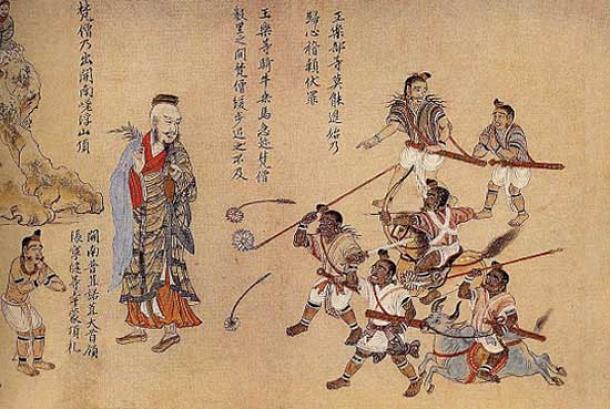 Extract of Nanzhao Tujuan scroll - the Nanzhao Buddhists are depicted as light skinned whereas the non-Buddhists are depicted as rebellious short brown people. (Public Domain)
