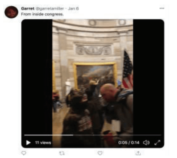 Garret Miller's alleged tweet of a video "From inside congress" -- Source: U.S. Department of Justice