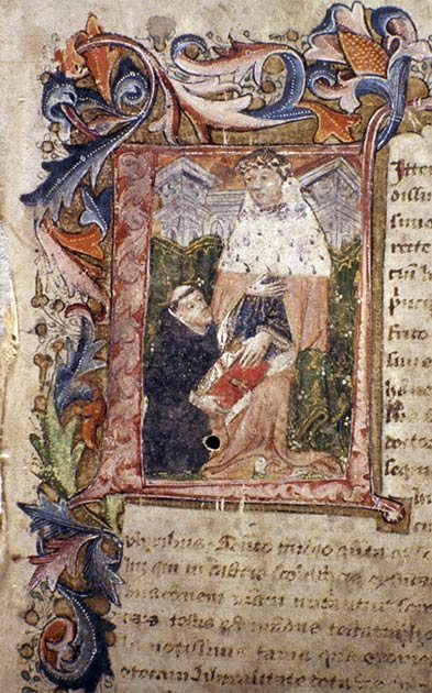 John Capgrave's Commentary on Exodus showing Capgrave presenting his manuscript to Humphrey, Duke of Gloucester. This is one of the original three volumes remaining from the original bequest of the Duke Humfrey Library in the University of Oxford. (unknown scribe / Public domain)