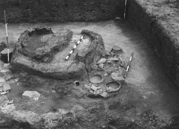 Metallurgical innovations during the Bronze Age - Late Vinča culture feature in trench 6 at Belovode excavated in 1997 that consisted of three ovens and a fireplace accompanied by 35 whole vessels and numerous pottery fragments as well as anthropomorphic and zoomorphic (bovine) figurines (D. Šljivar)