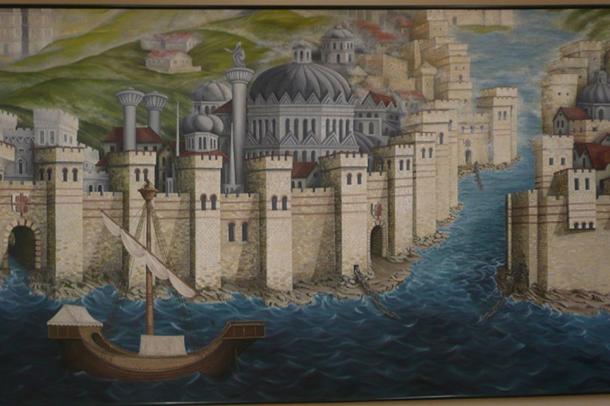 A mural of the walls and boom or chain across the mouth of the harbor, all a part of Constantinople’s formidable defense. In the end, the Ottomans overcame them all. (CC BY SA 3.0)