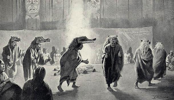 The Hamatsa or Cannibal dance of the Kwakiutl People cannot simply be understood as a dance. It is the culmination of the winter ceremony and the most decisive winter dance. The image shows a painting by Wilhelm Kuhnert which was printed in the 1897 classic Kwakiutl Indian study by Franz Boas. (Public domain)