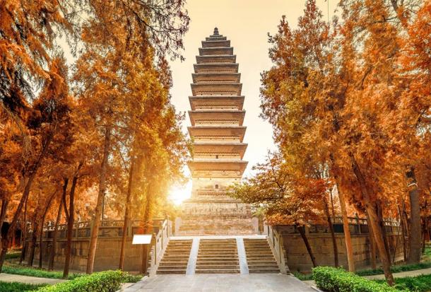 The Qiyun Pagoda was built in 69 AD. It can be reached by crossing a garden and a bridge near the main temple. It has been destroyed many times throughout history. (gui yong nian / Adobe Stock)