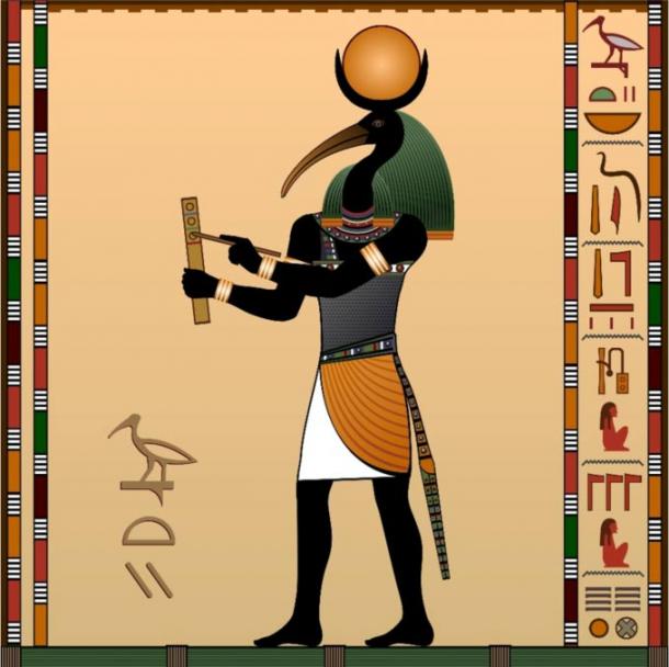 Thoth, the ancient Egyptian god of wisdom, depicted with the body of a man, head of an ibis, and a crescent moon over his head.