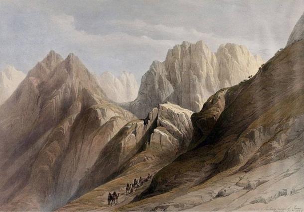 Petrie discovered a large quantity of pure white powder in a temple on top of Mount Sinai. ‘Ascent of the lower ranges of Mount Sinai’. Coloured lithograph by Louis Haghe after David Roberts, 1849.