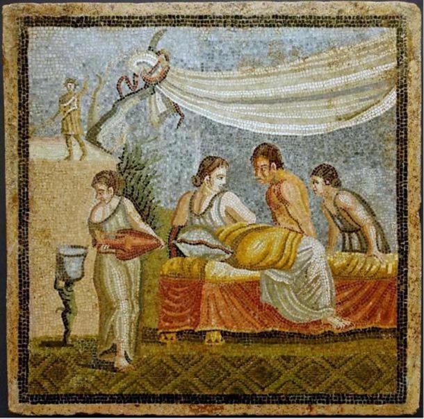 Women in ancient Rome. Romantic scene from a mosaic in Villa at Centocelle, Rome, 20 BC – 20 AD (Wikimedia Commons)