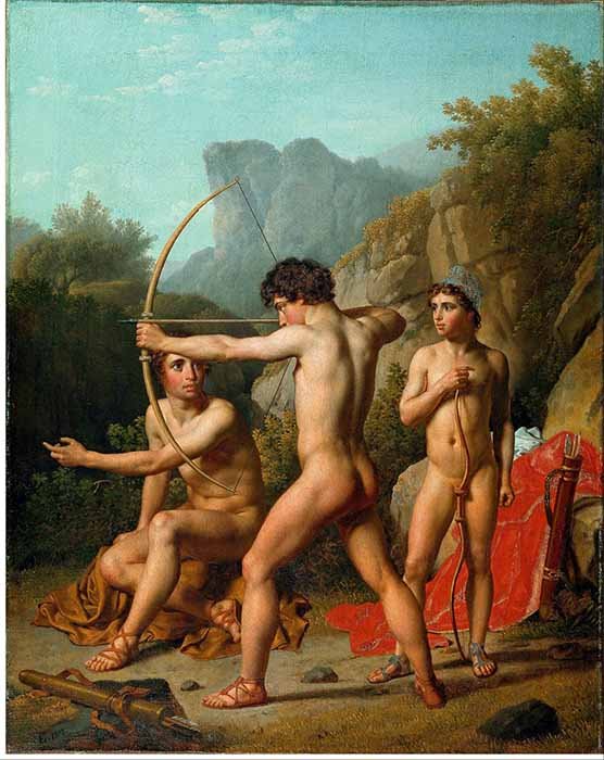 Three Spartan boys practicing archery (public domain)