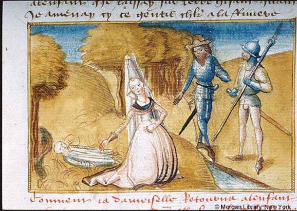 Discovery of the dead Opheltes -- In clearing beside stream, Hypsipyle kneels beside dead body of infant Opheltes, lying on ground beside snake (public domain)