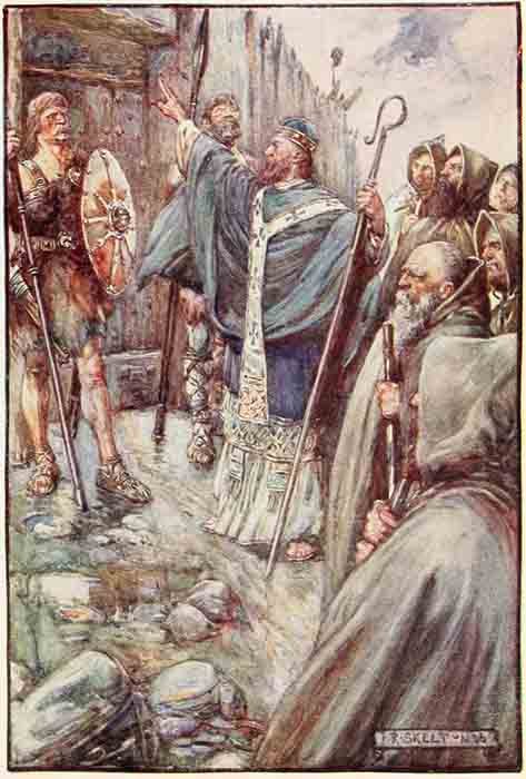 Saint Columba making the sign of the cross at the gate of Bridei, son of Maelchon, King of Fortriu. (Public Domain)