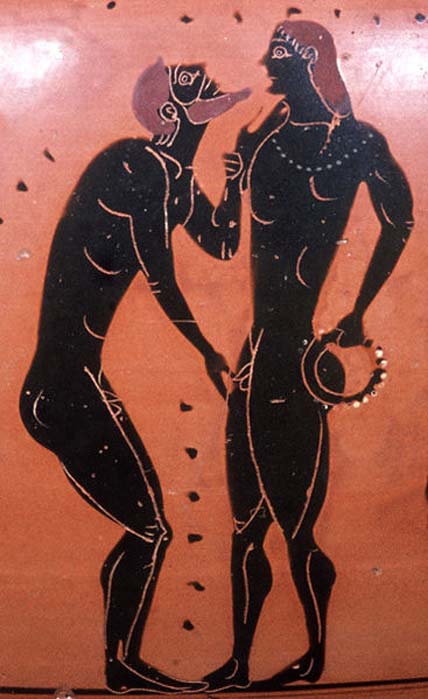Pederastic scene: erastes (lover) touching chin and genitals of the eromenos (beloved). Side A of an Attic black-figure neck-amphora, ca. 540 BC.