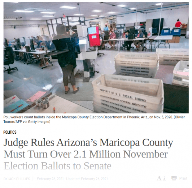 POLITICS Judge Rules Arizona’s Maricopa County Must Turn Over 2.1 Million November Election Ballots to Senate BY JACK PHILLIPS February 26, 2021 Updated: February 26, 2021biggersmaller Print