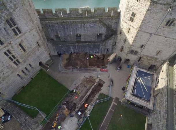 Arial shot of last year’s excavations at Caernarfon Castle. (Cadw)