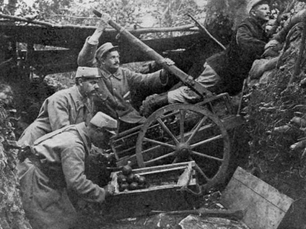 French soldiers using a grenade catapult in World War I.