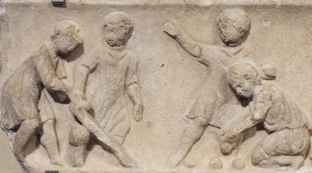 Children playing ball games, detail. Marble, Roman artwork of the second quarter of the 2nd century AD