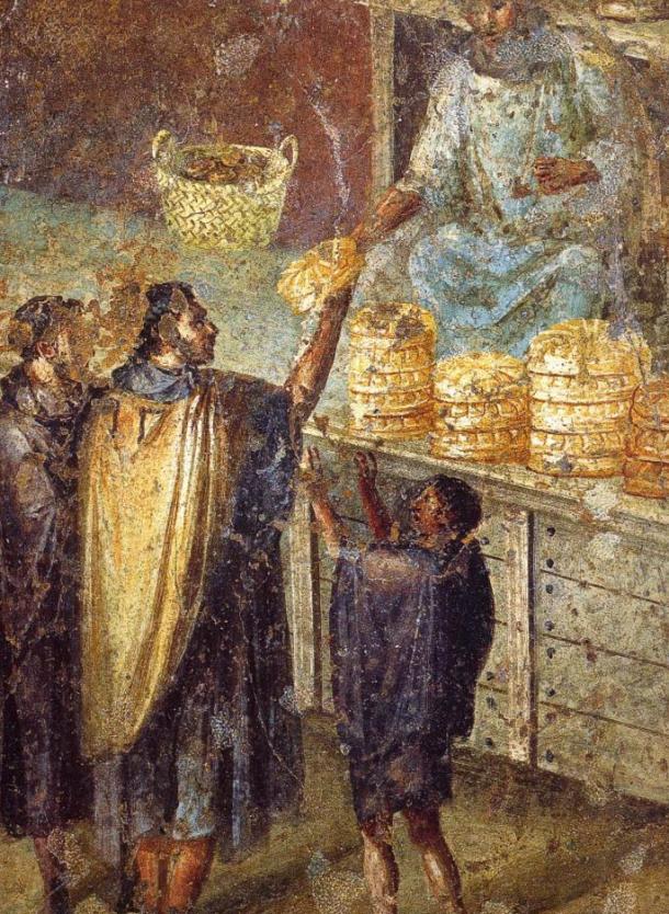Sale of bread at a market stall. Roman fresco from the Praedia of Julia Felix in Pompeii