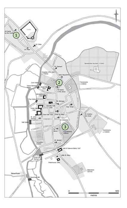 The locations of the three cemeteries used in the Cambridge broken bone study: 1. The All Saints by the Castle Parish. 2. The Hospital of St. John the Evangelist. 3. The Augustinian Friary of Cambridge (University of Cambridge)