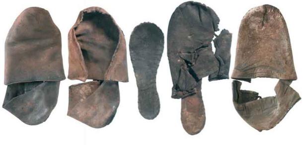 Tudor period shoes found during works on the Crossrail route near Farringdon Station, where the lost Faggeswell Brook was discovered. (MOLA)