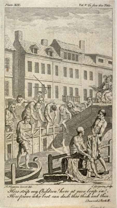 Bridge over the New Canal at Holborn: illustration from Alexander Pope's ‘Dunciad’ (1728). The bathers are included in satirical allusion to the poor quality of the water. (Public Domain)