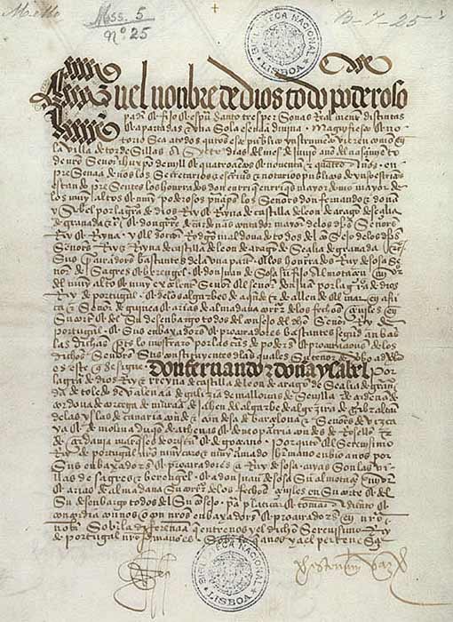 Original page from the Tratado de Tordesilhas. Biblioteca Nacional de Lisboa (Public Domain)