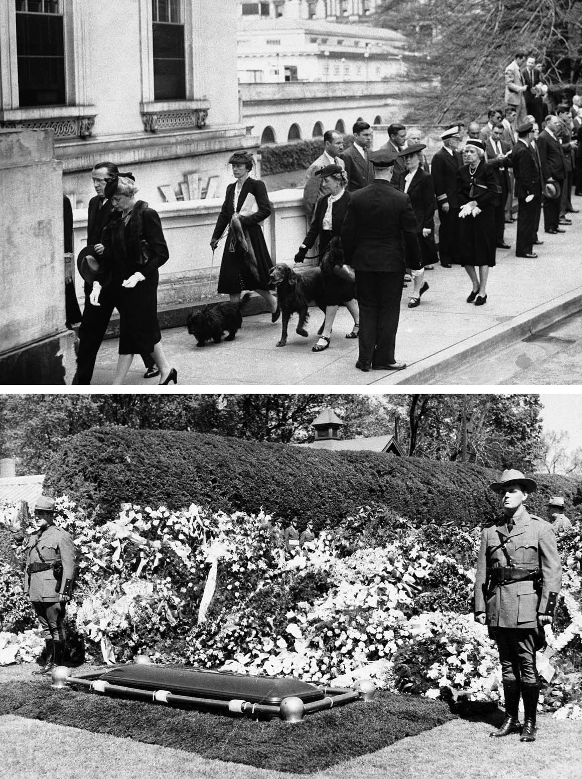 Top: Scottie pet of the late President Franklin D Roosevelt, arrives at the White House in Washington, April 14, 1945 for the funeral of his master. He is led by Margaret Suckley, cousin of the late president. In the procession left to right are: Basil O'Connor, law partner of Mrs. Roosevelt; Grace Tully, secretary to Mr. Roosevelt; Miss Suckley; Laura Delano, cousin of Mr. Roosevelt, leading Anna Roosevelt Boettiger. Bottom: New York State Police guard the grave of President Franklin D. Roosevelt on his estate at Hyde Park, N.Y., April 15, 1945, following his funeral. 