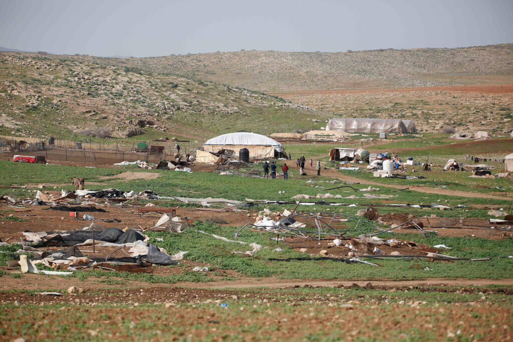 The remains of Khirbet Humsah following a demolition campaign carried out by Israeli forces on February 2, 2021. (Photo: Shadi Jarar'ah/APA Images)