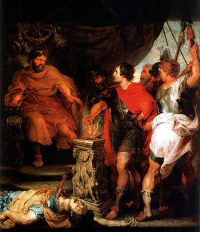 Lars Porsena watches as Gaius Mucius Scaevola puts his hand into fire, which fooled Porsena into striking a peace deal with Rome. (Peter Paul Rubens / Public domain)