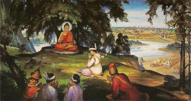 Painting of King Bimbisara offering his kingdom, Magadha, to the Buddha.