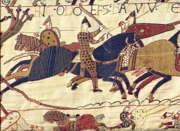 In the Bayeux Tapestry Odo of Bayeux is depicted as an active participant in the Battle of Hastings, as seen here in the detail of him in full armor, on a horse, with a club raised high. (Public domain)