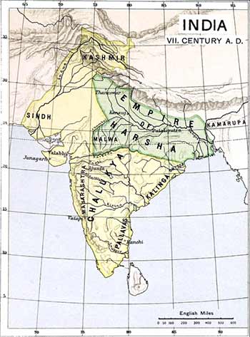 Map of India in the 7th century, showing the vast territory of the Empire of Harsha. (Public domain)
