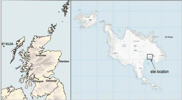 Location of the Hirta excavation site in the Scottish archipelago of St. Kilda