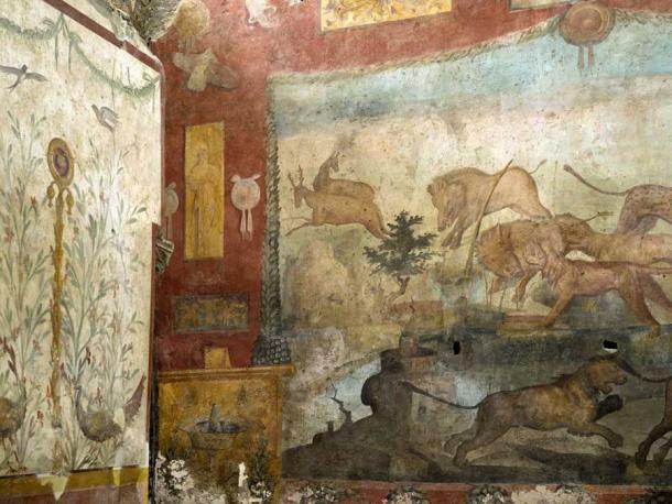 Vibrant hunting scene on the restored fresco. (Pompeii Sites)