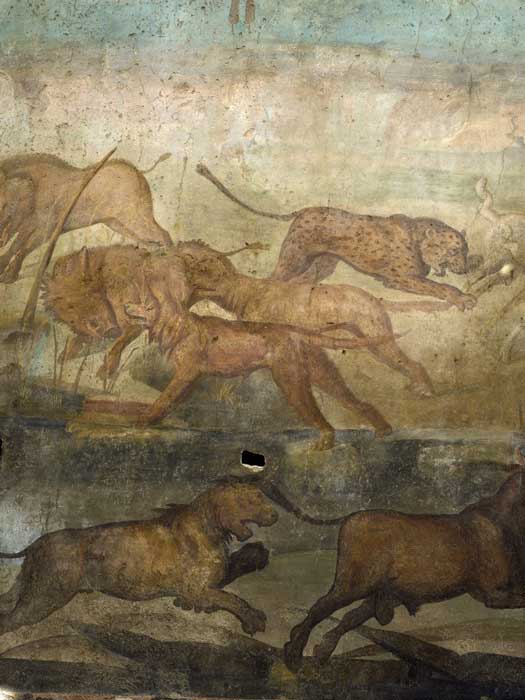 In the wild scene, here a leopard pounces on sheep, dogs chase boars, and a lion pursues a bull. (Pompeii Sites)