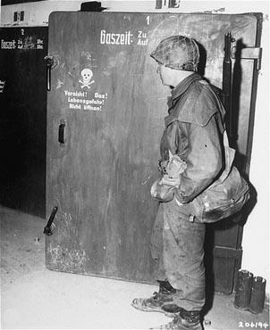 US Army photo of Dachau (Apr. 30, 1945), claiming to show a homicidal gas chamber - yet actually a delousing chamber