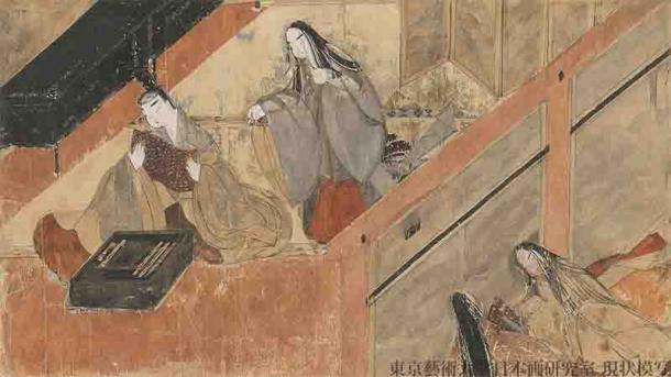 A scene from the "The Tale of Genji," the world’s first novel, showing Yugiri reading a letter from the mother of Ochiba no Miya. Kumoi no Kari (Yugiri's wife), who misunderstood the letter as a love letter from Ochiba no Miya to Yugiri, sneaks up from behind and tries to steal it. (Imperial Palace Kyoto / Public domain)