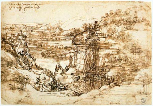 Landscape of the Arno Valley by Leonardo Da Vinci (1473). (Public Domain)