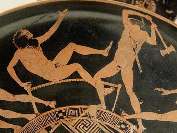 Theseus fighting Prokrustes. Surround of the tondo of an Attic red-figured kylix, ca. 440-430 BC. Said to be from Vulci.