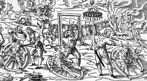 This wood cut shows the 'breaking wheel' as it was used in Germany in the Middle Ages. The exact date is unknown, as is the creator, but it depicts the execution of w:Peter Stumpp in Cologne in 1589 (Public Domain)