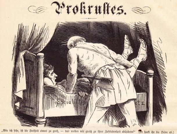 A modern representation of ‘Procrusean Bed’ Caricature from 19th century German satirical magazine (Public Domain)