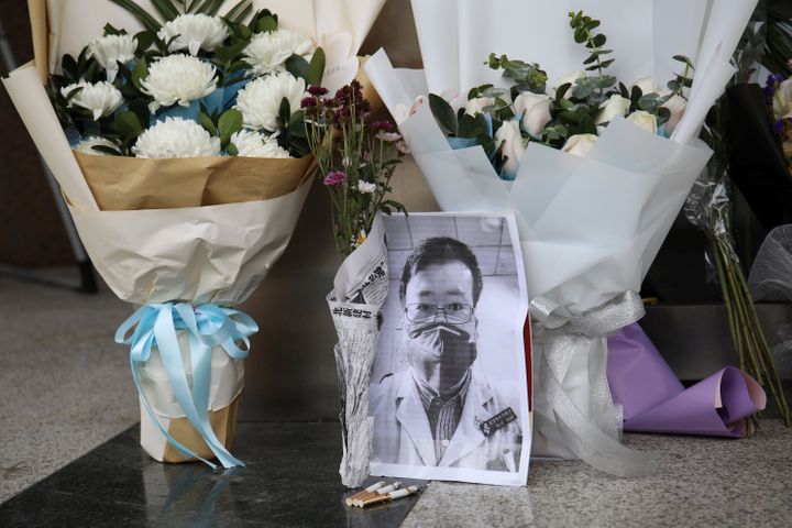 A makeshift memorial for Li Wenliang at an entrance to the Central Hospital of Wuhan in Hubei province, China, on Feb. 7, 202