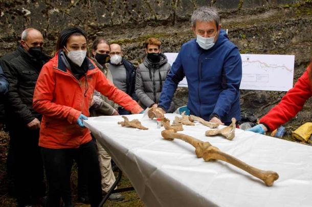 The Loizu Man’s skull and other bones which have been carefully brought out of the cave for further study. (Navarra.es)