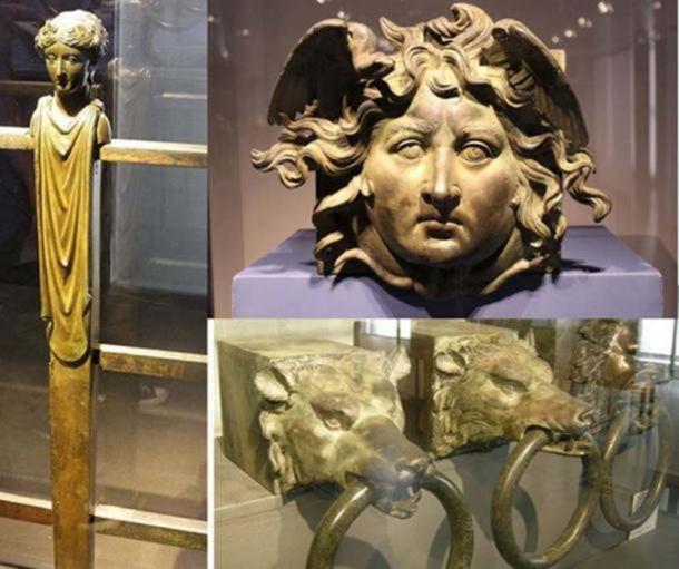 Some of the decorations from Caligula’s Nemi ships: A bronze railing ( CC BY SA 2.0 ), a face (Miguel Hermoso Cuesta/ CC BY SA 3.0 ), and brass rings recovered in 1895. These were fitted to the ends of cantilevered beams that supported each rowing position on the seconda nave. ( CC BY SA 3.0) 