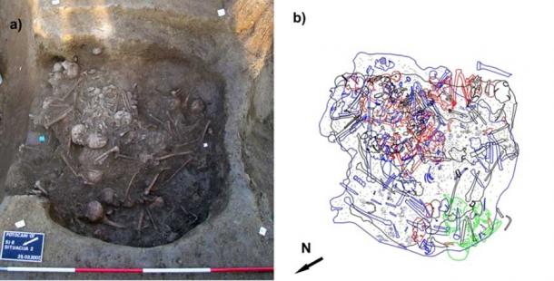 The Croatian massacre mass burial found at Potočani: a) the upper layers of the pit showing numerous commingled skeletons; b) illustration of the various bodies and human remains found at the Croatian massacre site. (Prof. Mario Novak, et al / PLOS ONE)